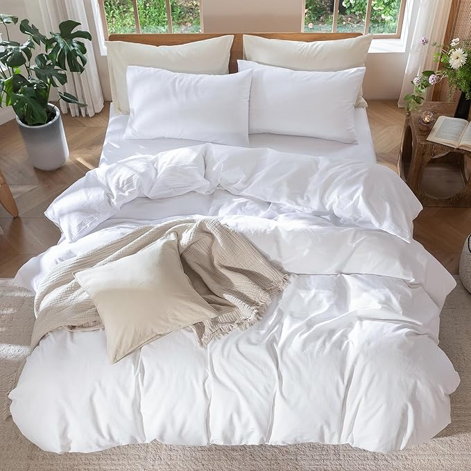 MooMee Bedding Duvet Cover Set 100% Washed Cotton Linen Like Textured Breathable Durable Soft Comfy (Solid Bright White, Super King Plus 120"x120")