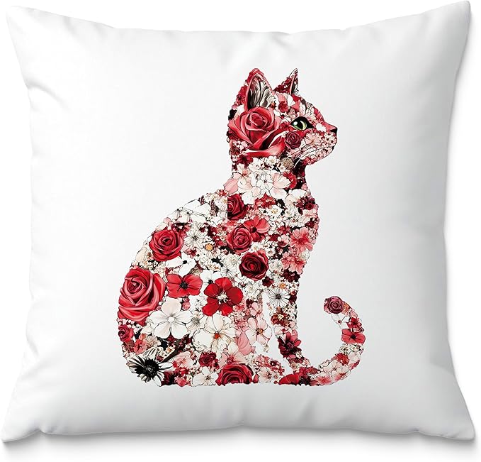 Red and White Floral Cat Pillow Covers 18x18, Gifts for Cat Lovers Mom Lady Owners, Elegant Kitten Kitty Decorative Pillow Covers for Home Bedroom Living Room Decor, Pet Lover Gifts