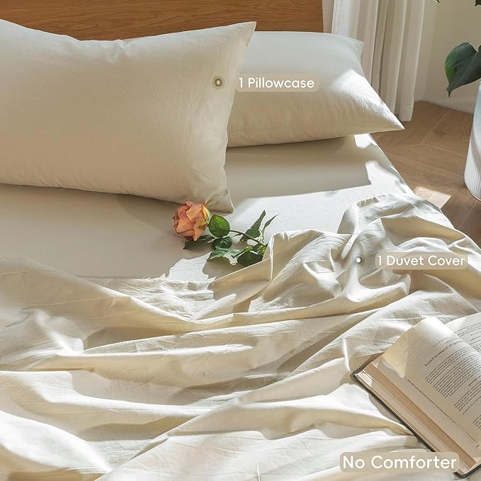 MooMee Bedding Duvet Cover Set 100% Washed Cotton Linen Like Textured Breathable Durable Soft Comfy (Heathered Almond Milk Grey, Twin 68"x90")