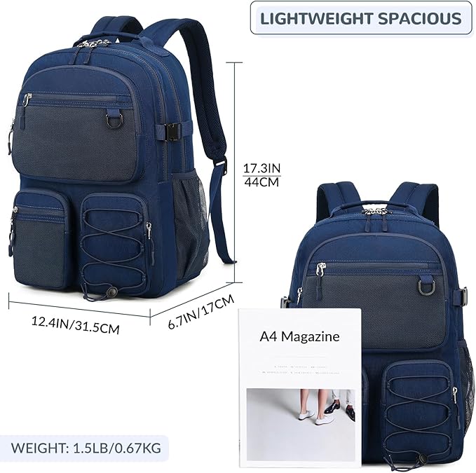 Lohol Water Resistant Daypack with Mulitiple Pockets for School Travel Outdoor College, 15.6 inch Laptop Backpack for Men and Women (Navy Blue)