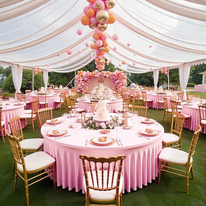 Outpain 6 Pack Pink 72inch Spandex Round Tablecloths, Stretchy 132inch Fitted 6FT Round Table Cloths, Wrinkle Free Table Cover with Skirt for Wedding Party Dining Banquet