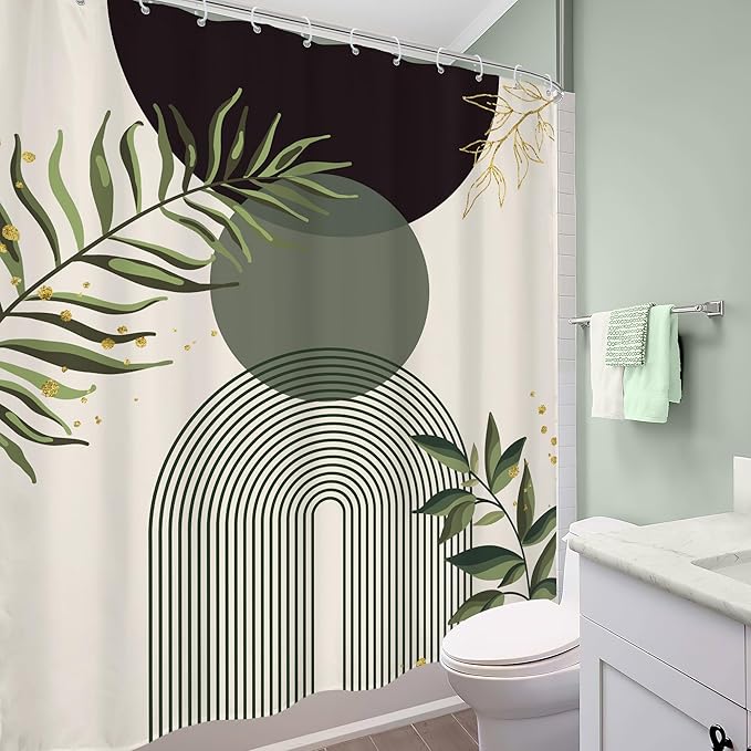 Dark Green Boho Shower Curtain 60Wx72H Black Green Modern Bohemian Mid Century Abstract Gold Leaves Plant Bathroom Decor Minimalist Geometric Neutral Bath Curtain Fabric Polyester 12 Pack Hooks