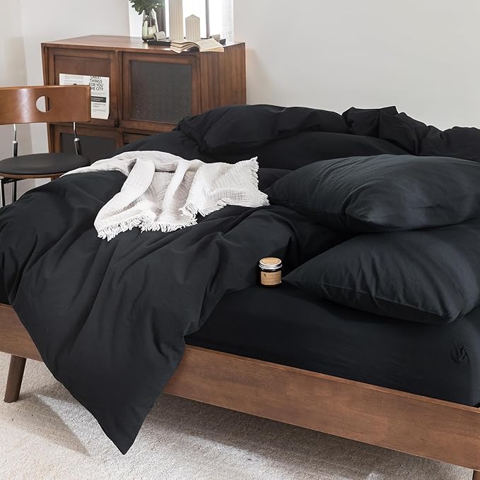 FOSSA Duvet Cover Set 100% Washed Cotton Linen Feel Super Soft Breathable Cozy 3 Pieces Bedding Sets Solid Black Oversized King Plus