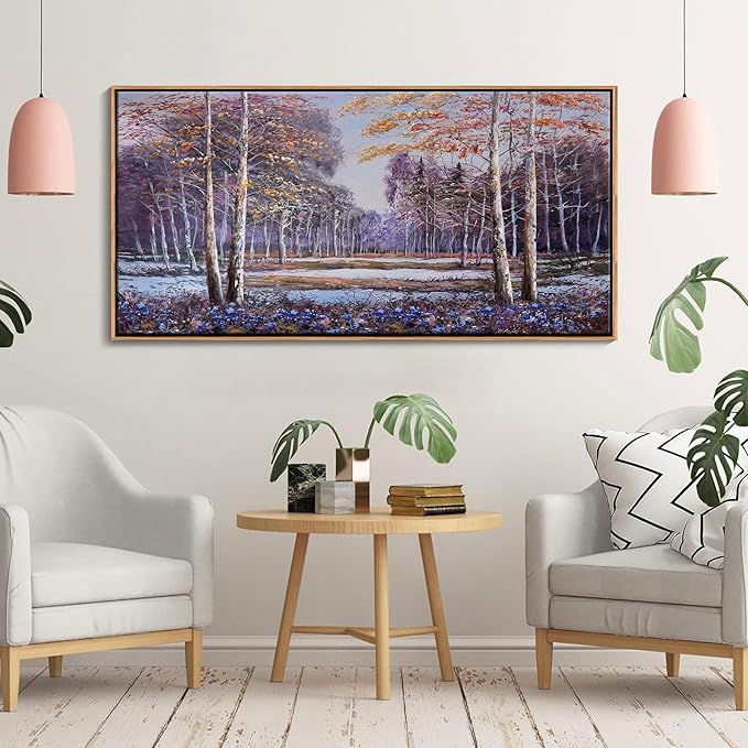 KLAKLA Large Purple Wall Art - Blue and Orange Nature Scenery Tree landscape Wall Decor Living Room Bedroom Forest Pictures Framed Artwork for Wall Blue Flower Wall Art