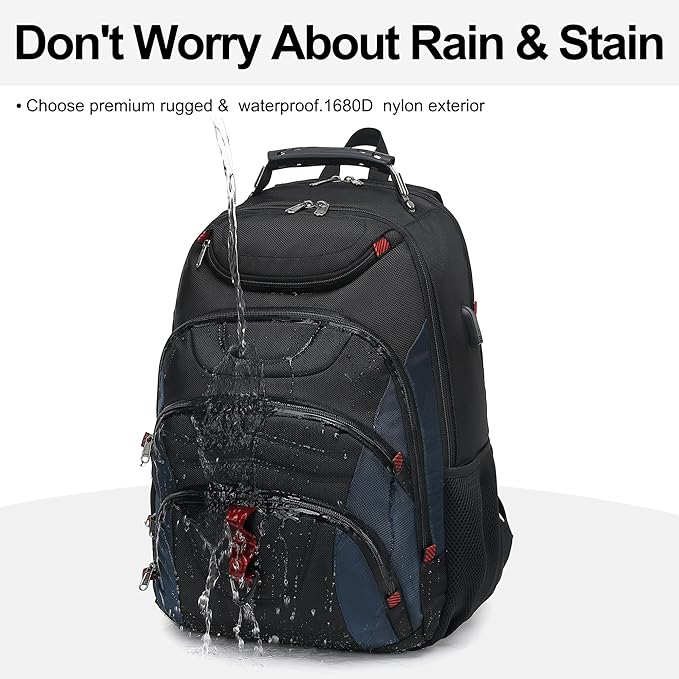 Boavan Laptop Backpack for men, 17.3 inch Laptop Bag with USB Port, Waterproof Travel Work Backpack Purse, Anti-Theft Teacher Nurse Doctor Casual Bookbags Office Business backpack，Black&Classic Navy