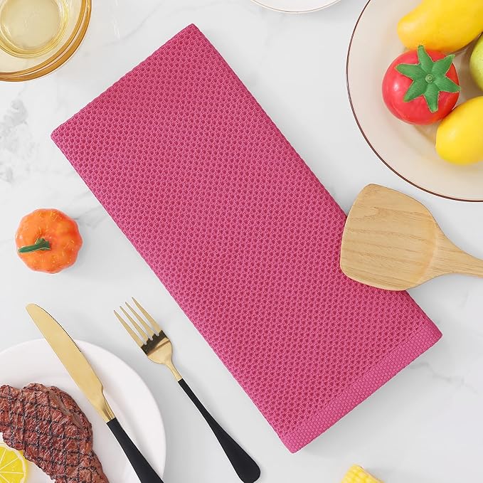 Homaxy 100% Cotton Waffle Weave Kitchen Dish Towels, Ultra Soft Absorbent Quick Drying Cleaning Towel, 13 x 28 Inches, 4-Pack, Hot Pink