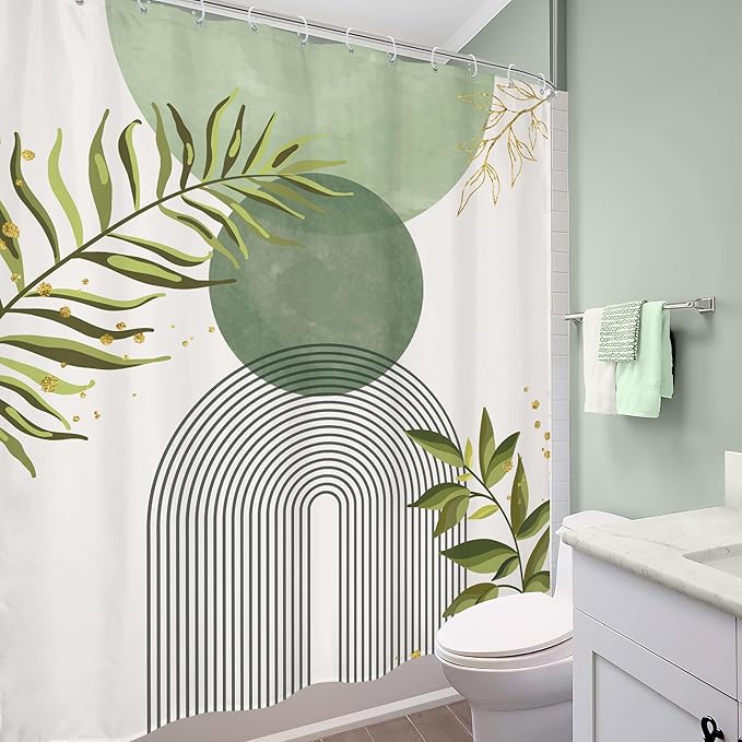Sage Green Boho Shower Curtain 60Wx72H Modern Bohemian Abstract Leaves Olive Dark Green Mid Century Plant Bathroom Decor Minimalist Geometric Arch Bath Curtain Fabric Polyester 12 Pack Hooks