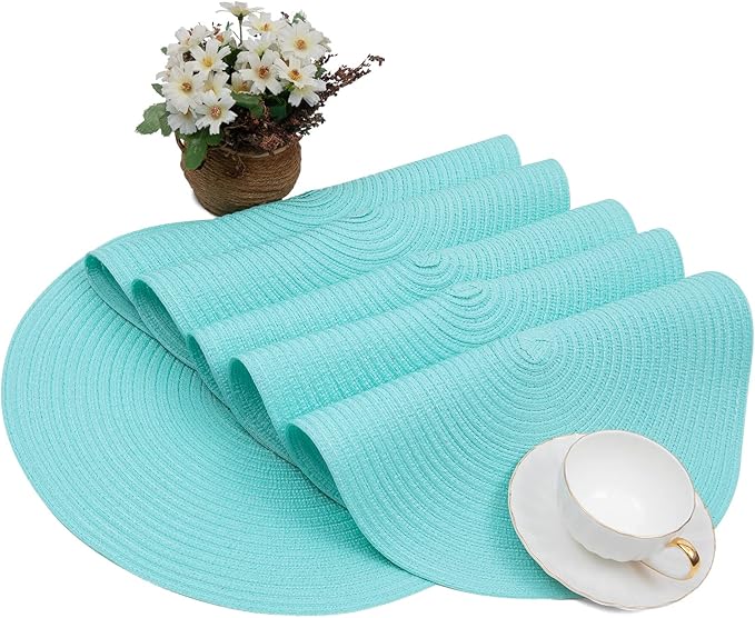 SHACOS Round Placemats Set of 6 Washable 15 inch Round Table Mats Cotton Polyester Woven Braided Place Mats for Dining Table (Aqua, 6)