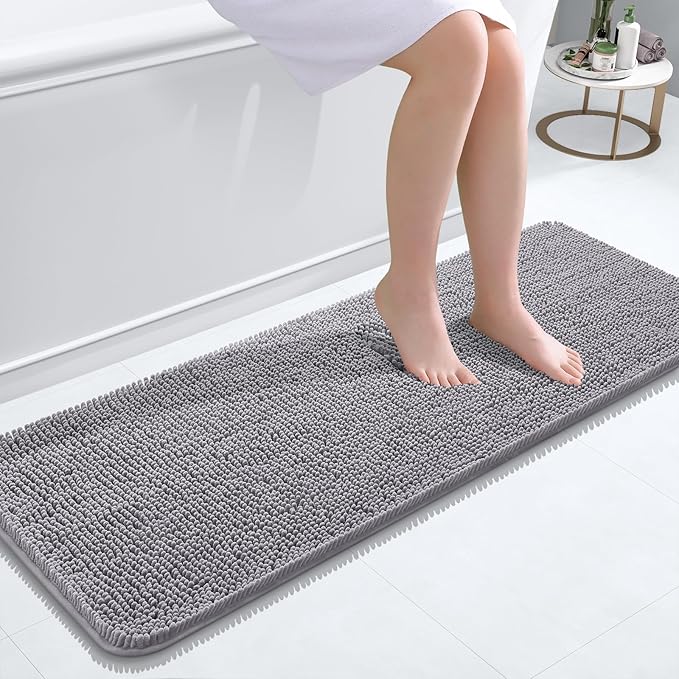 OLANLY Bathroom Rugs 47x17, Extra Soft Absorbent Chenille Bath Rugs, Rubber Backing Quick Dry, Machine Washable Bath Mats for Bathroom Floor, Tub and Shower, Home Decor Accessories, Grey