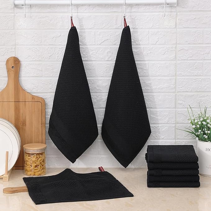 Homaxy 100% Cotton Dish Cloths, 8 Pack - 12 x 12 Inches, Waffle Weave Super Soft and Absorbent Dish Towels Quick Drying Dishcloths, Black