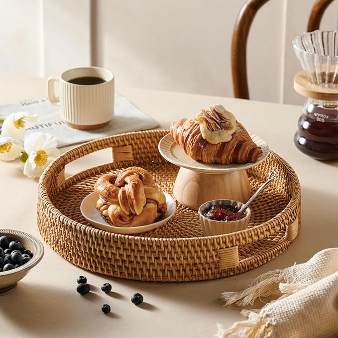 JUNGLE CULTURE Rattan Serving Tray 12" in Natural Honey • Woven Serving Trays with Handles for Home • Round Decorative Circle Table Tray • Boho Wicker Serving Basket for Ottoman, Coffee Table, Couch