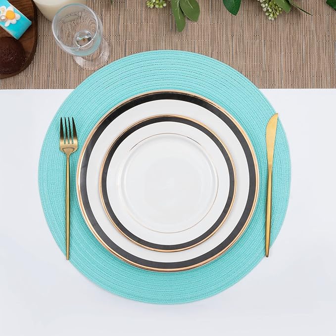 SHACOS Round Placemats Set of 6 Washable 15 inch Round Table Mats Cotton Polyester Woven Braided Place Mats for Dining Table (Aqua, 6)