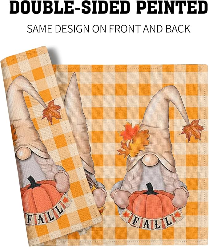 Giwawa Fall Gnome Placemats Set of 4- Autumn Thanksgiving Pumpkins Maple Leaves Table Mats 12"x18"- Orange White Checkered Plaids Linen Heat Resistant Place Mat for Kitchen Dining Farmhouse Decor