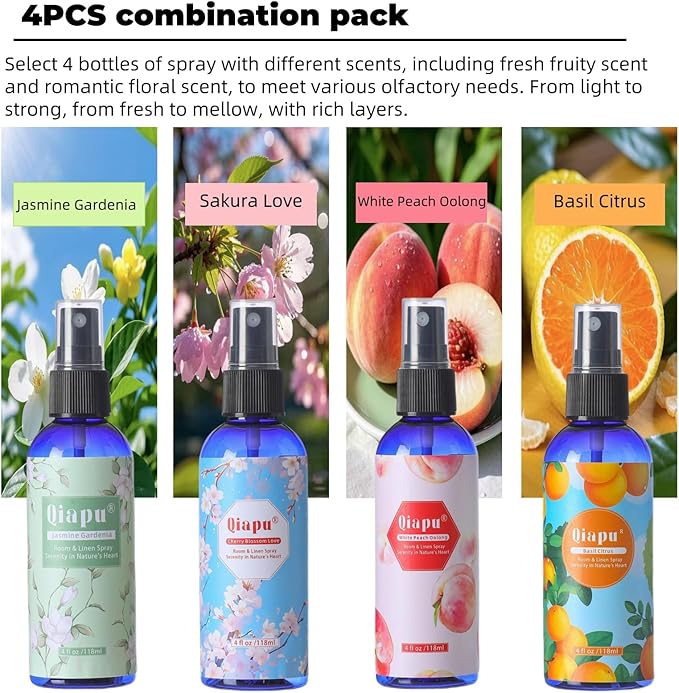 Natural Bedroom Linen Spray Scented Room Mist with Plant Extracts Long Lasting Freshness for Sheets, Pillows & Curtains – 4oz 4Bottle（Cherry Blossom + Citrus + White Peach + Gardenia）