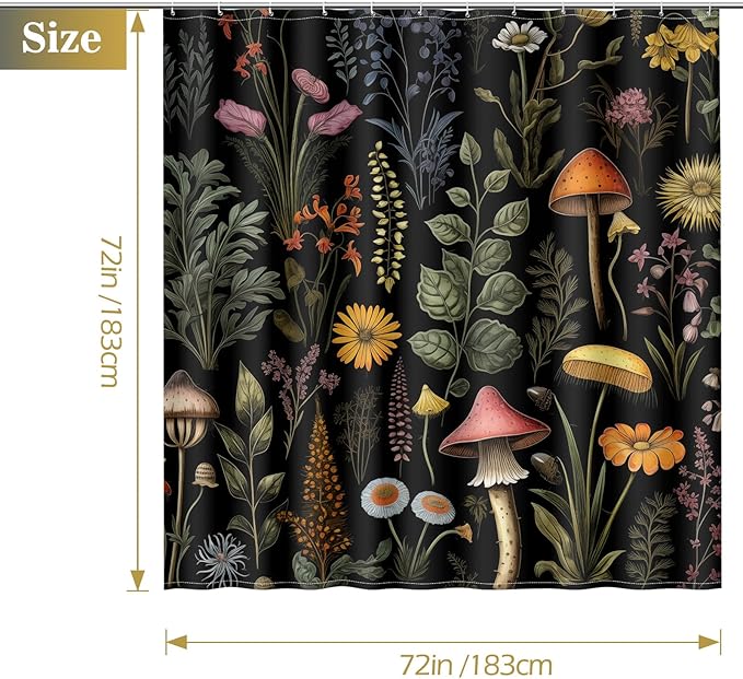 Aimego Mushroom Floral Shower Curtain - Boho Vintage Plants Flowers Retro Bohemian Botanical Nature Bath Shower Curtain Set with 12 Hooks for Adults Bathroom Decor Accessories, 72"x72" Black