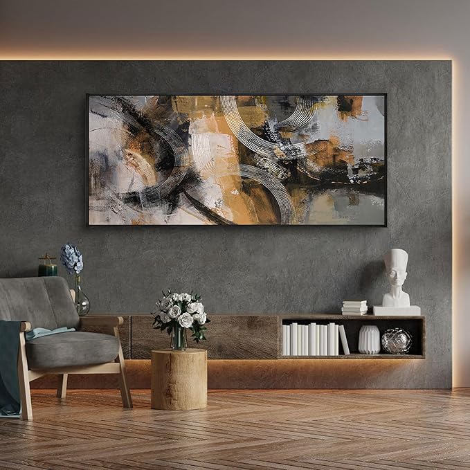 KLAKLA Large Canvas Abstract Wall Art for Living Room Pictures for Living Room Modern Art Wall Decor Office Wall Art Orange Gray Yellow Artwork Bedroom Decor 70x31 Inches