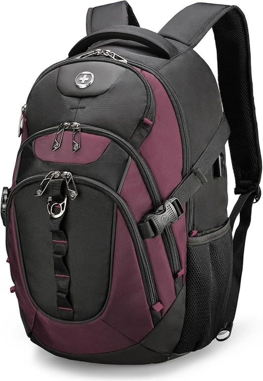 Swissdigital Design Laptop Backpack with USB Charging Port, Travel Backpack Fits 15.6 inches Computer, 31L College School Backpack for Women, Burgundy/Black | SD803