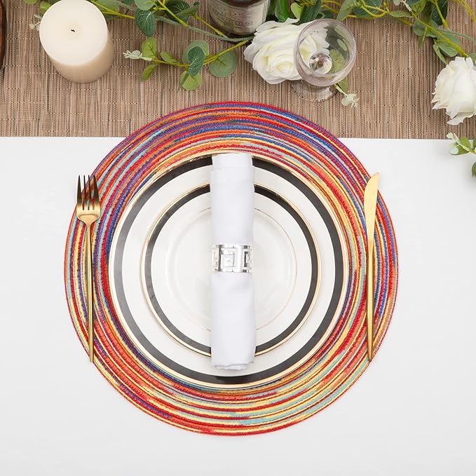 SHACOS Round Braided Placemats Set of 6 Table Mats Colorful Place Mats for Dining Tables Holiday Party Decor (Rainbow Red, 6)