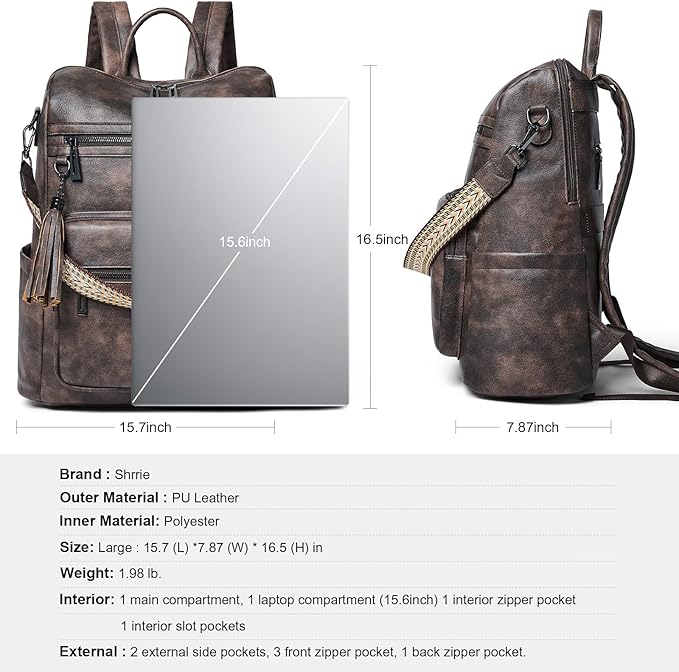 Shrrie 15.6 inch Laptop Backpack for Women,Large Leather Backpack Purse,Travel,Carry on,Water Resistant Casual Laptop Backpacks,College Backpack,Work Backpack for Women,Two-toned Coffee