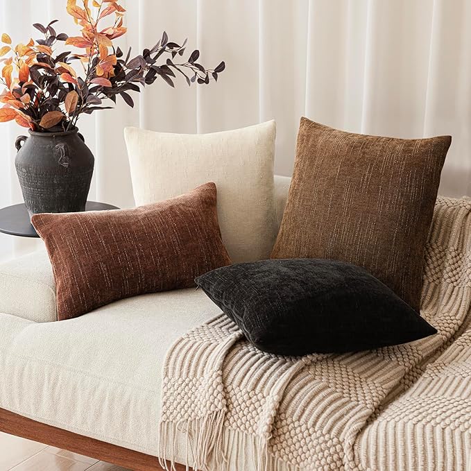 Foindtower Set of 2 Soft Textured Chenille Throw Decorative Pillow Covers Square Accent Solid Cushion Cover Cozy Neutral Farmhouse Pillow Case for Couch Sofa Bedroom Living Room 16x16 Inch,Dark Bronze