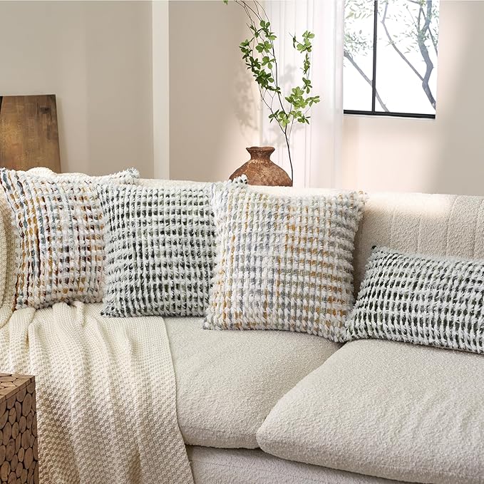 Aeckself Boho Chenille Tufted Pillow Cover 18 x 18 Inch, Decorative Square Throw Pillow Cover Neutral Pillowcase for Couch Bedroom Living Room, Yellow White