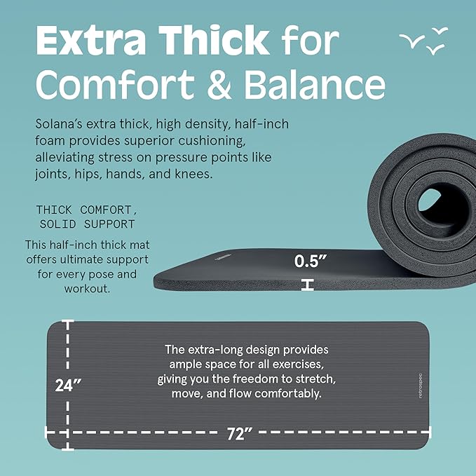 Retrospec Solana Yoga Mat 1/2" Thick w/Nylon Strap for Men & Women - Non Slip Exercise Mat for Yoga, Pilates, Stretching, Floor & Fitness Workouts