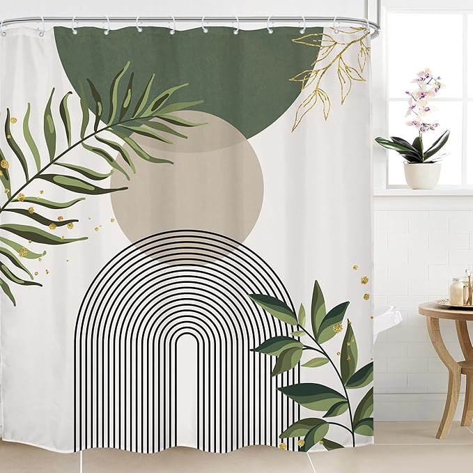 Sage Green Boho Shower Curtain 72Wx78H Modern Abstract Green Gold Leaves Bohemian Plant Botanical Minimalist Arch Bathroom Decor Geometric Neutral Bath Curtain Fabric Polyester 12 Pack Hook