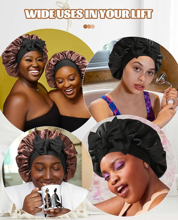 Satin Bonnet Silk Bonnet for Sleeping Silk Sleep Cap Double Layer Hair Bonnet with Elastic Tie Band for Curly Hair Night Cap (Black+Brown)