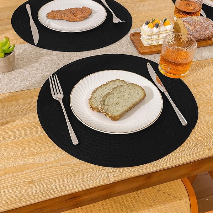 SHACOS Black Round Placemats Set of 12 Heavy Cotton Polyester Woven Braided Place Mats Washable Heat Resistant Non Slip Table Mats