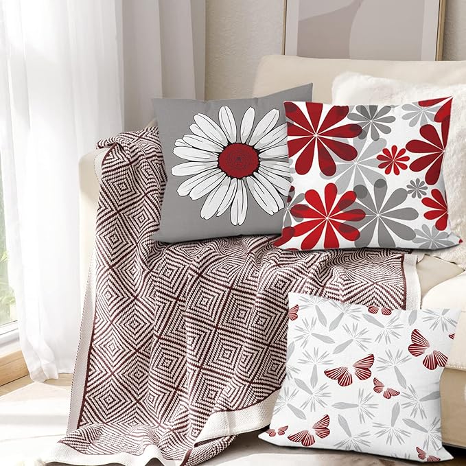 COMMINY Red Grey Pillow Covers 20x20 Set of 6, Daisy Flower Throw Pillow Cover Case Rustic Square Cushion Cover for Sofa Bedroom Living Room Farmhouse Home Decor