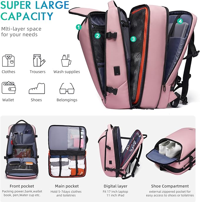 Travel Carry on backpack 50L for Women, Fits 17.3 inch Laptop with USB Charging Port, Expandable Flight Approved Backpack for Overnight (pink)