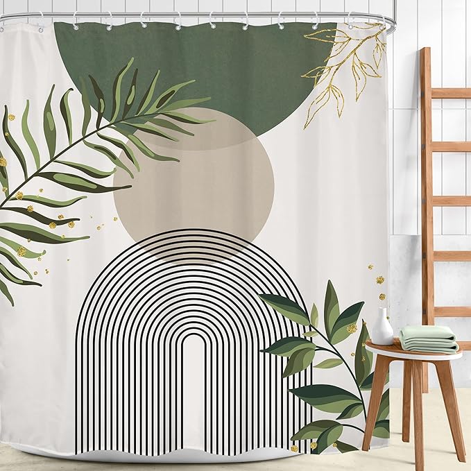 Sage Green Boho Shower Curtain 72Wx78H Modern Abstract Green Gold Leaves Bohemian Plant Botanical Minimalist Arch Bathroom Decor Geometric Neutral Bath Curtain Fabric Polyester 12 Pack Hook