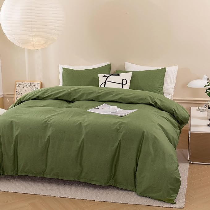 ECOCOTT Olive Green Duvet Cover Queen Size - 100% Washed Cotton Durable Soft Comfy Duvet Cover Set, 3 Pieces Duvet Cover with Zipper Closure (Green, 90''x90'')