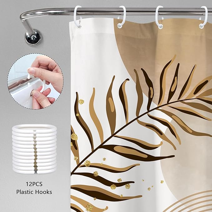 Beige Boho Shower Curtain 60Wx72H Bohemian Abstract Modern Mid Century Leaves Minimalist Contemporary Plant Cream Bathroom Decor Arch Simple Neutral Bath Curtain Fabric Polyester 12 Pack Hooks