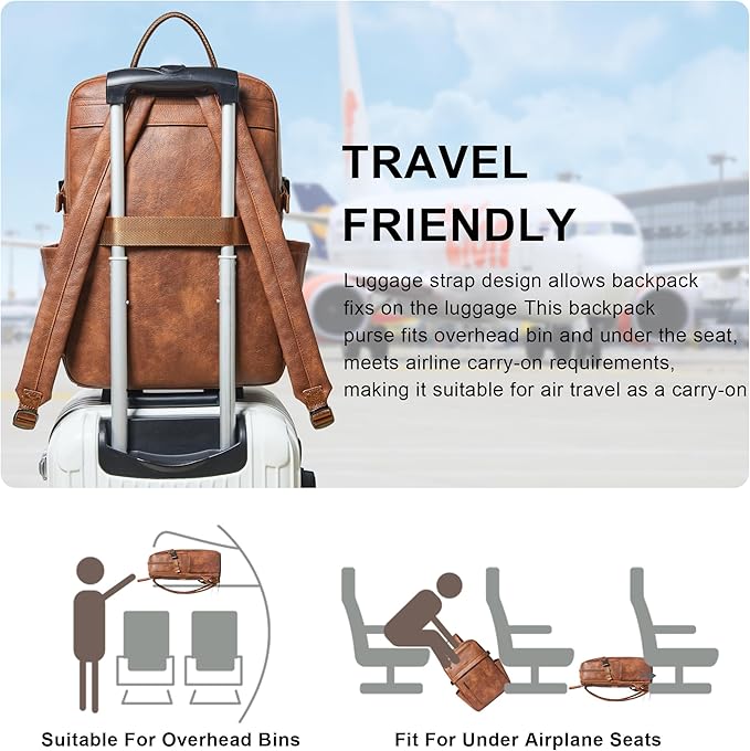 Leather Laptop Backpack for Women, 15.6 Inch Laptop Travel Backpack Purse Large Capacity Computer Bag, Casual Daypack Nurse Bag College Bookbag for School, Brown