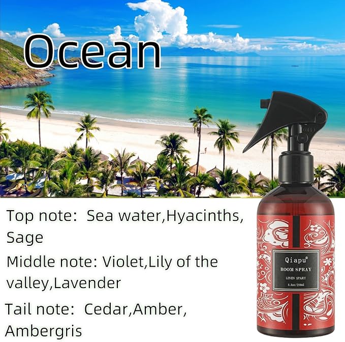 Linen Spray Natural Ocean Essential Oil Linen and Room Pillows and Sheets Spray, and Fabric Aromatherapy(Ocean-8.8oz)