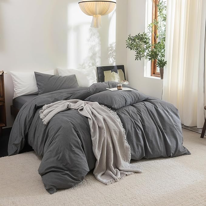 FOSSA Duvet Cover Set 100% Washed Cotton Linen Feel Super Soft Breathable Cozy 3 Pieces Bedding Sets Solid Dark Grey King