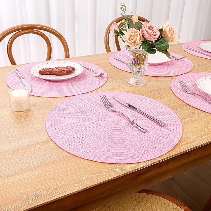 SHACOS Round Braided Placemats Set of 4 Washable 15 inch Round Table Mats for Dining Table Place Mats Home Wedding Party Decor (Pink, 4)