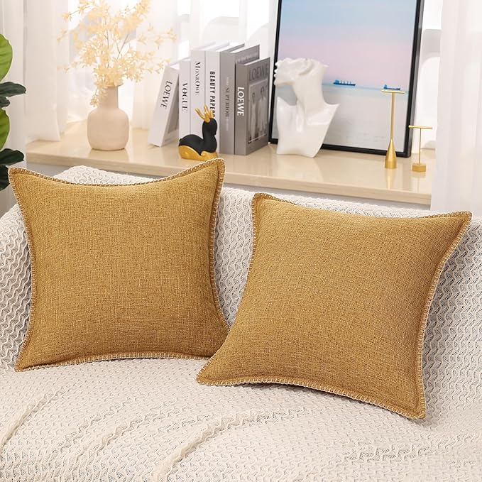 decorUhome Decorative Outdoor Throw Pillow Covers 26x26 Set of 2, Square Linen Rustic Neutral Farmhouse Euro Pillow Covers with Stitched Edge for Couch, Sofa, Living Room, Bronze Gold