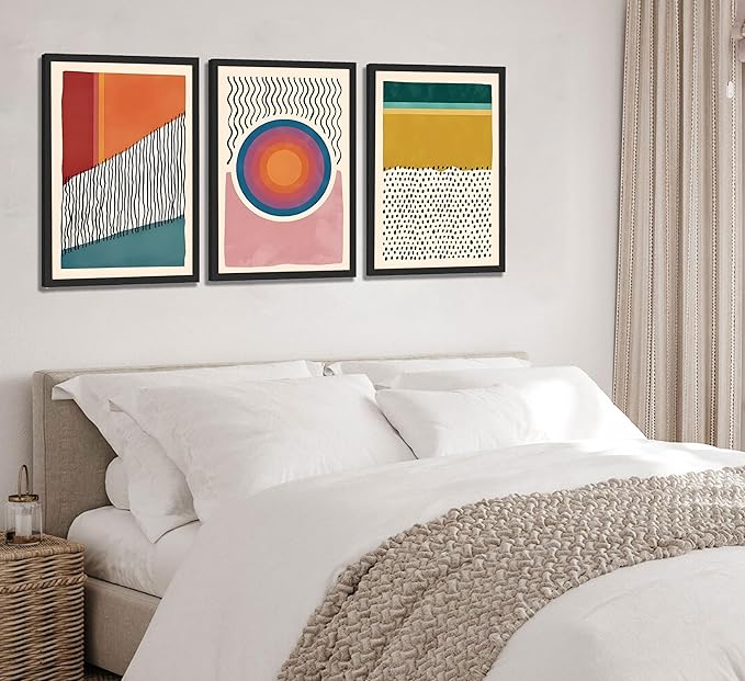 3pcs Boho Wall Art Mid Century Modern Wall Decor Posters Abstract Color Block Geometric Canvas Paintings Prints Colorful Simple Line Pictures for Living Room Bedroom Home Decoration (Unframed,