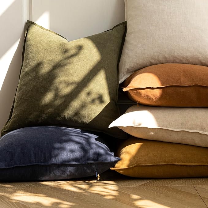 Foindtower Pack of 2, Decorative Linen Soild Throw Pillow Covers Soft Accent Cushion Case Boho Farmhouse Pillowcase for Chair Couch Sofa Bedroom Living Room Home Decor 16 x 16 Inch Olive Green