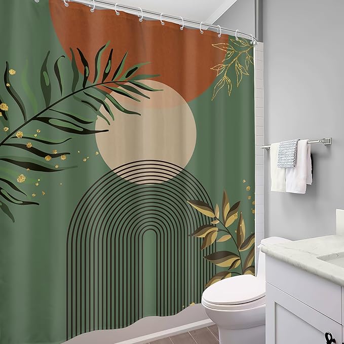 Boho Dark Green Shower Curtain 60Wx72H Abstract Bohemian Mid Century Minimalist Teal Gold Leaf Arch Geometric Plant Neutral Bathroom Decor Botany Bath Curtain Fabric Polyester 12 Pack Hooks