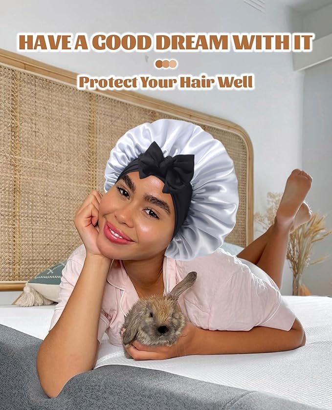 Satin Bonnet Silk Bonnet for Sleeping Silk Sleep Cap Double Layer Hair Bonnet with Elastic Tie Band for Curly Hair Night Cap(Black+Silver Gray)