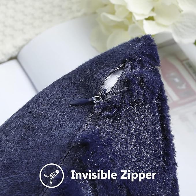 decorUhome Fall Throw Pillow Covers 12x20 Inch Set of 2, Soft Plush Decorative Faux Fur Navy Blue Solid Couch Pillow Covers, Accent Farmhouse Neutral Lumbar Euro Pillow Cases for Sofa Bed Living Room