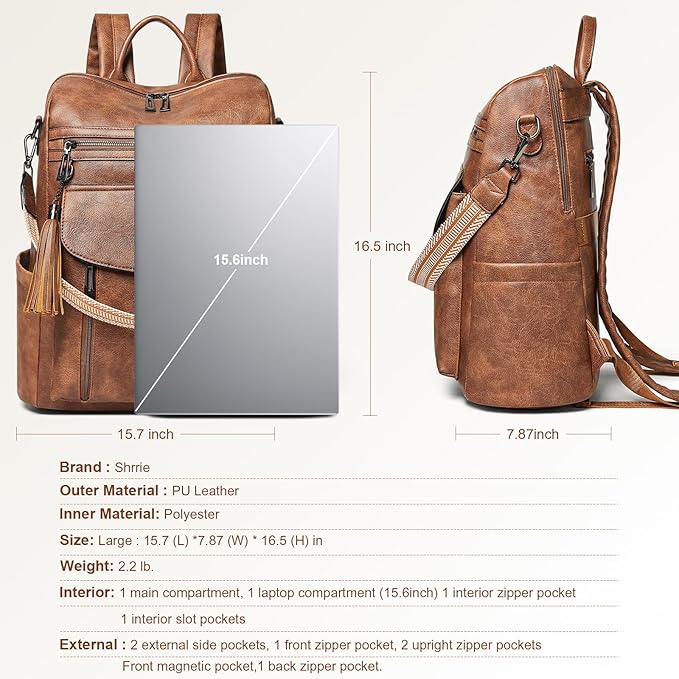 Shrrie Laptop Backpack for Women 15.6 inch,Travel Leather Backpack Purse Nurse Teacher Carry on Backpack Computer Bag,Professional Water-Resistant College Business Work Casual Daypack,Two-toned Brown