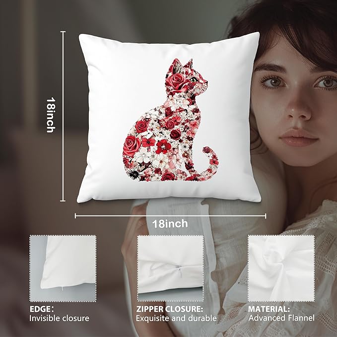 Red and White Floral Cat Pillow Covers 18x18, Gifts for Cat Lovers Mom Lady Owners, Elegant Kitten Kitty Decorative Pillow Covers for Home Bedroom Living Room Decor, Pet Lover Gifts