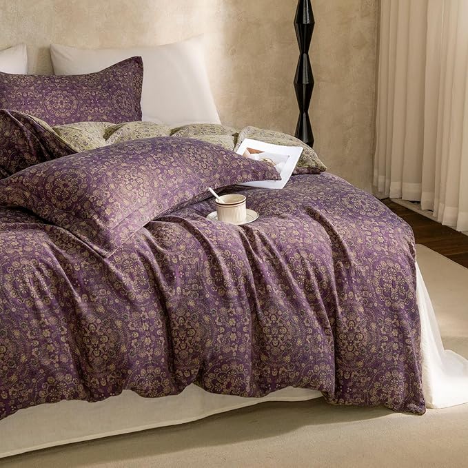 mixinni Purple Green Floral Duvet Cover Queen Size, Elegant Double-Layer Yarn Premium Cotton Vintage Duvet Cover Set, Exquisite Jacquard Design Bedding Set with 2 Pillowcases Perfect for Him and Her