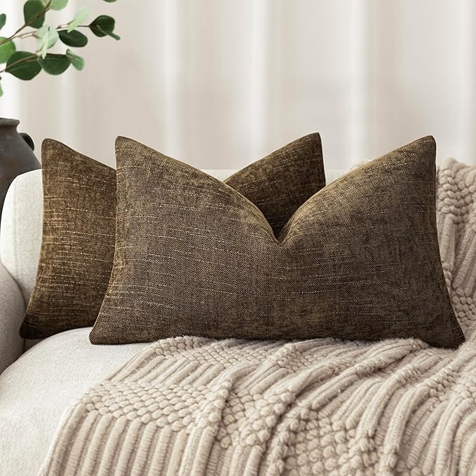 Foindtower Pack of 2 Textured Chenille Throw Decorative Pillow Covers Square Accent Solid Cushion Cover Neutral Farmhouse Lumbar Pillow Case for Couch Sofa Bedroom Living Room 12x20 Inch,Taupe Brown