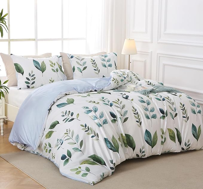 MUXHOMO Duvet Cover Queen Size, Reversible Floral Vintage Duvet Cover Set with Zipper Closure, 3 Pieces Botanical Patterns Soft Microfiber Bedding Set (90"x90", 2 Pillow Cases, Green Foliage White)