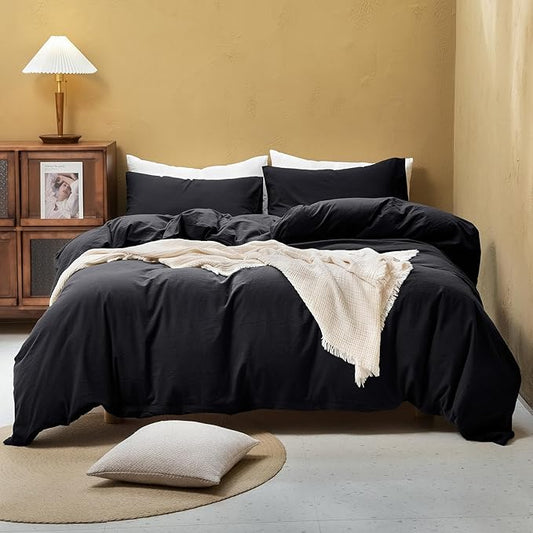 FOSSA Duvet Cover Set 100% Washed Cotton Linen Feel Super Soft Breathable Cozy 3 Pieces Bedding Sets Solid Black Super King
